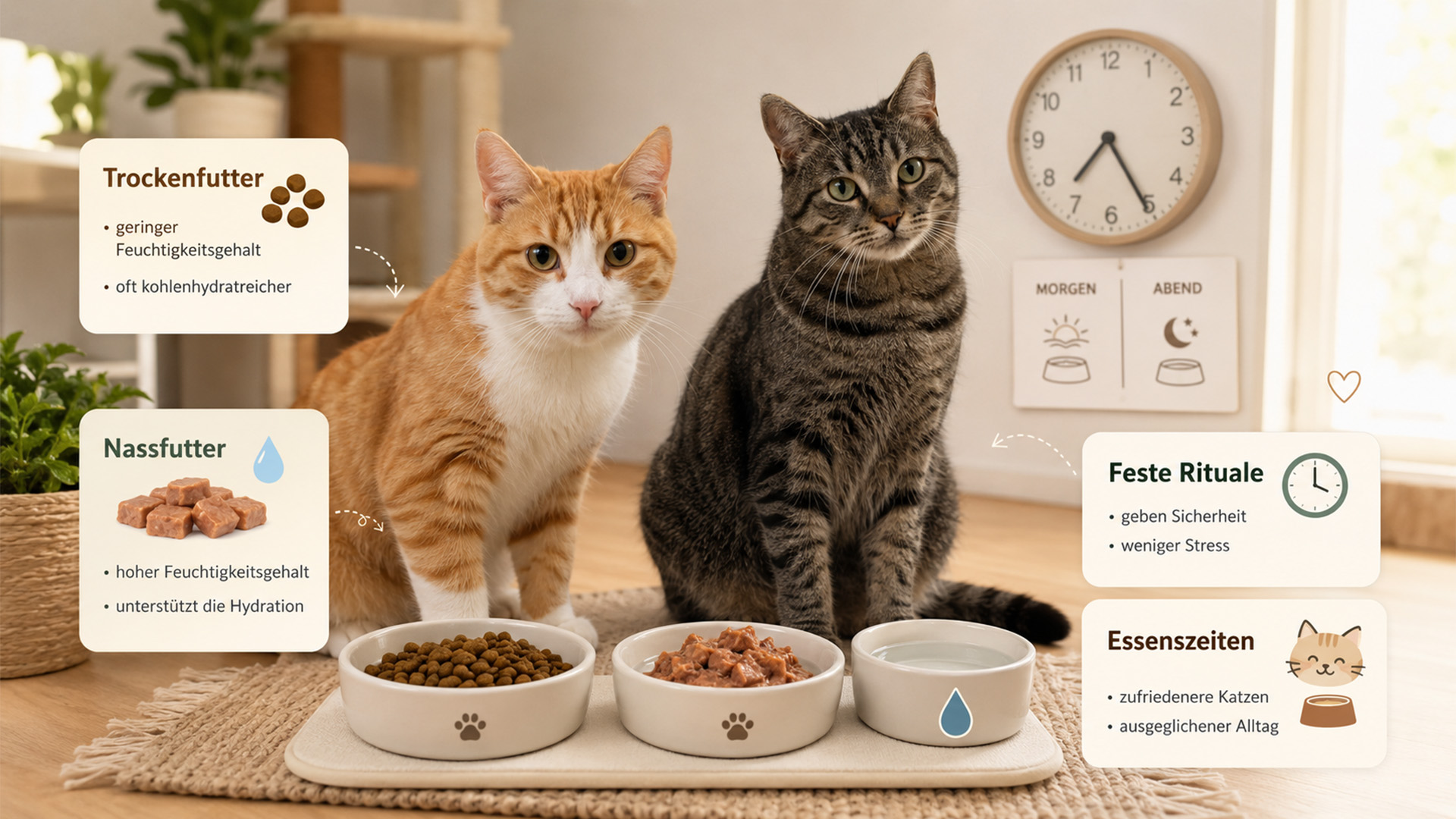 Nassfutter für Katzen steht im Mittelpunkt unserer täglichen, liebevollen Fütterungsrituale, auf die Eddy und Carlo ganz entspannt warten